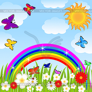 Floral glade, butterflies and bright rainbow - color vector clipart