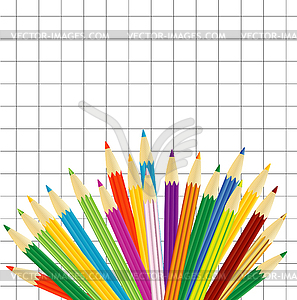 Разноцветные карандаши на фоне тетрадного листа - стоковое векторное изображение