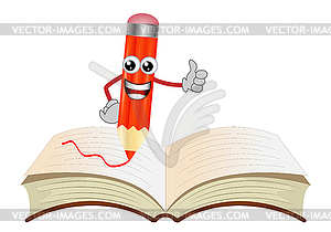 Merry pencil on an open book - color vector clipart