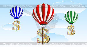 Large balloons lift symbols of dollar upwards - vector clip art