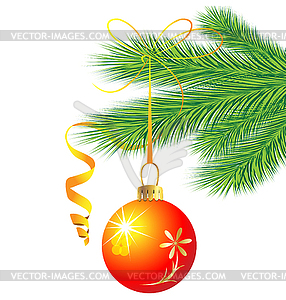 Festive toy ball hangs on green branch of tree - vector clipart