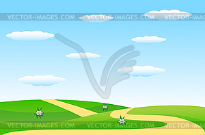 Summer landscape with green lawn and blue sky - vector image