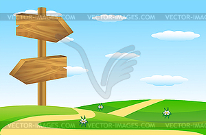 Summer landscape with pointer to green lawn - vector clipart