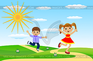 Merry girl and boy hurry on path - vector clipart