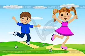 Merry girl and boy hurry on path - color vector clipart