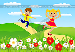 Веселая девочка и мальчик спешит на пути - векторная графика
