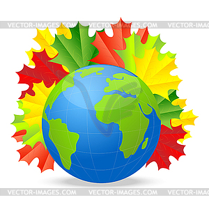 Planet earth with autumn leaves of maple - vector clip art