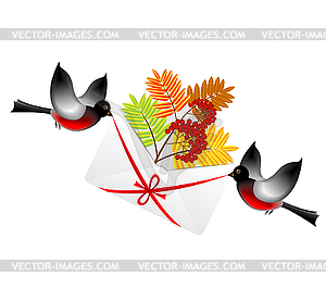 Bullfinchs carry an envelope with branch of wild ash - vector clipart