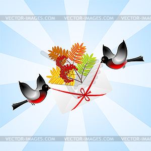 Bullfinchs carry an envelope with branch of wild ash - vector clipart