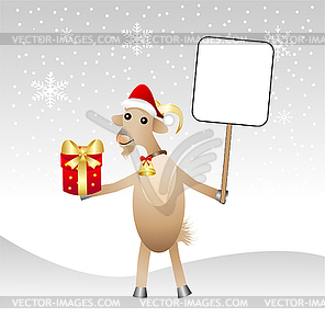 Merry goat in christmas cap with gift - vector clipart