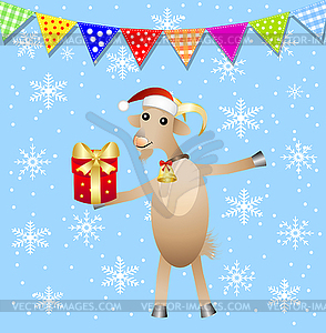 Merry goat with gift and festive garland - vector image