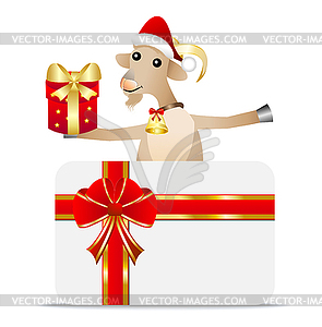 Merry goat with gift and greeting-card - vector clip art