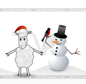 Merry sheep, snow man and bullfinch - vector clipart