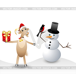 Merry goat with gift, snow man and bullfinch - vector clip art