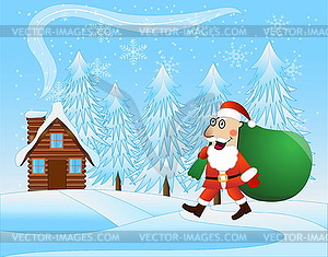 Merry Santa claus with sack of gifts on background - vector clipart