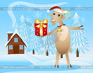 Веселый козел с подарком на фоне зимнего пейзажа - иллюстрация в векторном формате