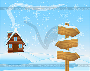 Winter landscape with wooden house and pointer - vector EPS clipart