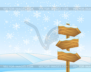 Winter landscape with wooden pointer - color vector clipart