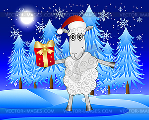 Merry sheep with gift on background night winter - vector clipart / vector image