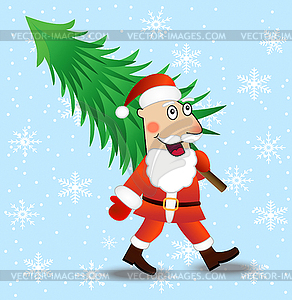 Santa claus carries green christmas tree - vector clipart