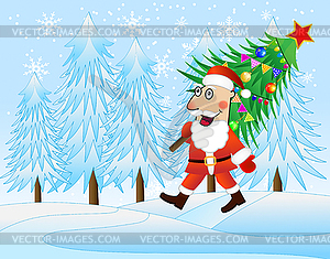 Santa claus carries decorated christmas tree - vector clip art