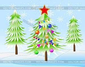 There is decorated christmas tree in-field - vector EPS clipart