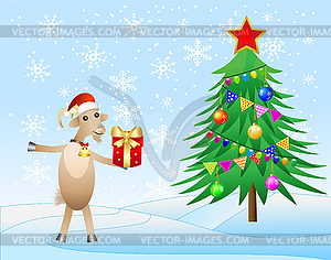 Украшенная елка и коз с подарком - векторная графика