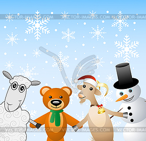 Snow man with beasts on festive background - stock vector clipart