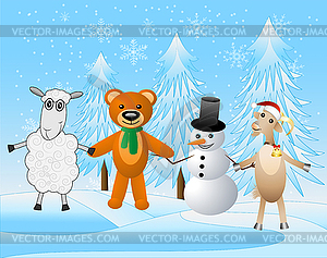 Snow man with beasts on festive background - vector image