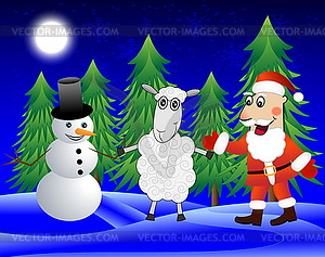 Santa claus, sheep and snow man in winter forest - vector clipart