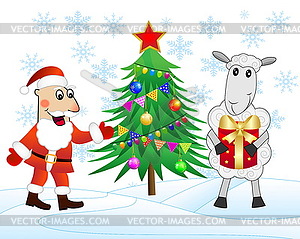Санта-Клаус, овец и новогодняя елка - векторный клипарт / векторное изображение