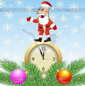 Santa claus, clock and green branches with toys - vector clip art