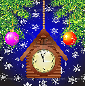 Часы в дом и зеленых ветвей елки - изображение в формате EPS