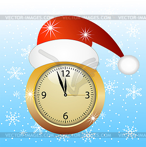 Clock in christmas red cap - vector clip art