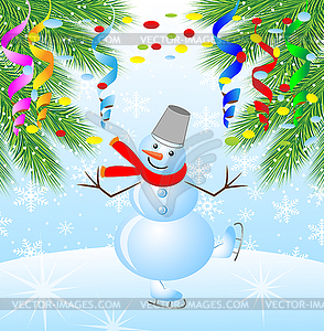 Snow man on skates and branches of christmas tree - vector image