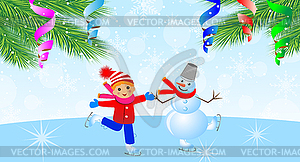 Snow man with boy on skates and branches of - vector clip art