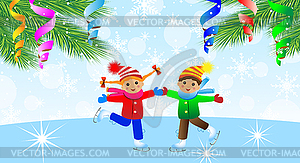 Children on skates and branches of christmas tree - vector clipart