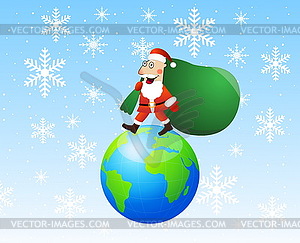 Santa claus steps on earth with sack of gifts - vector clipart