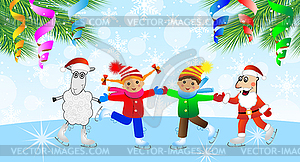 Santa claus, sheep and children on skates - vector image