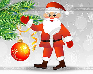 Santa claus decorates christmas tree balls - vector clip art