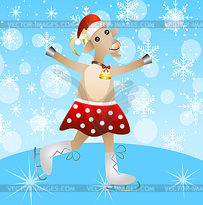 Merry goat in skirt on skates - vector clip art