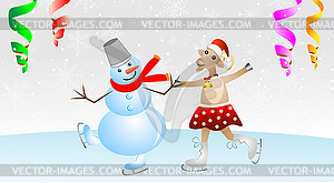 Merry goat in skirt and snow man on skates - vector clipart