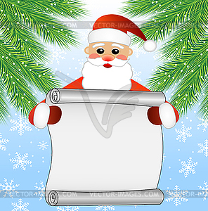 Веселый Дед Мороз держит лист бумаги, рождество - стоковый векторный клипарт