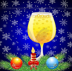 Glass of champagne, branch of christmas tree, candl - vector clip art