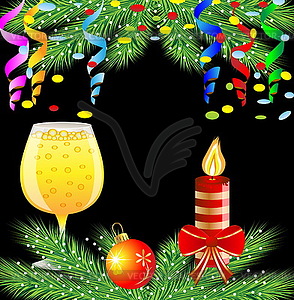 Christmas postal with glass of champagne and festiv - vector clipart