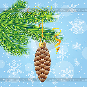 Branch of christmas tree with toy by cone - vector image
