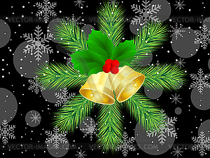 Christmas postal with green branches and campanellis - vector image