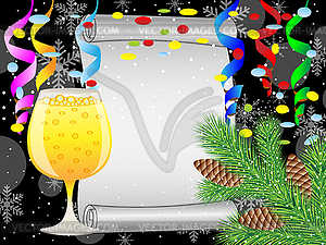 Christmas background with glass of champagne and - color vector clipart