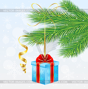 Gift box with red bow hangs on branch of christmas - vector image