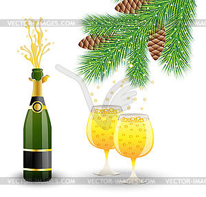 Bottle, two glasses with champagne and branch of - vector clipart